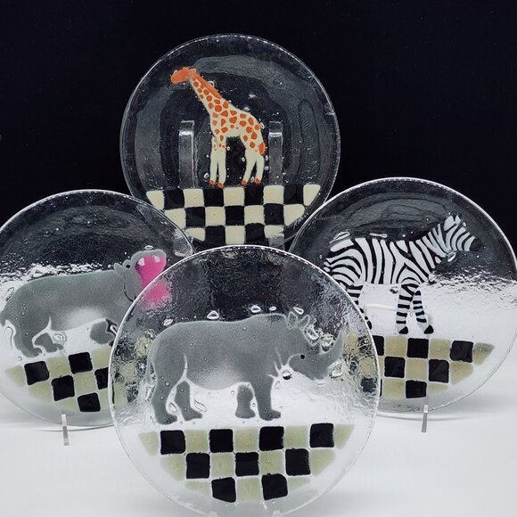 Peggy Karr Fused Glass Animal Plates African Animals Giraffe Zebra Rhino Hippo - Picture 1 of 9